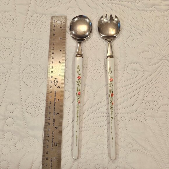 Vintage Salad Serving Set With Floral Design Handles Stainless Steel - Picture 9 of 15